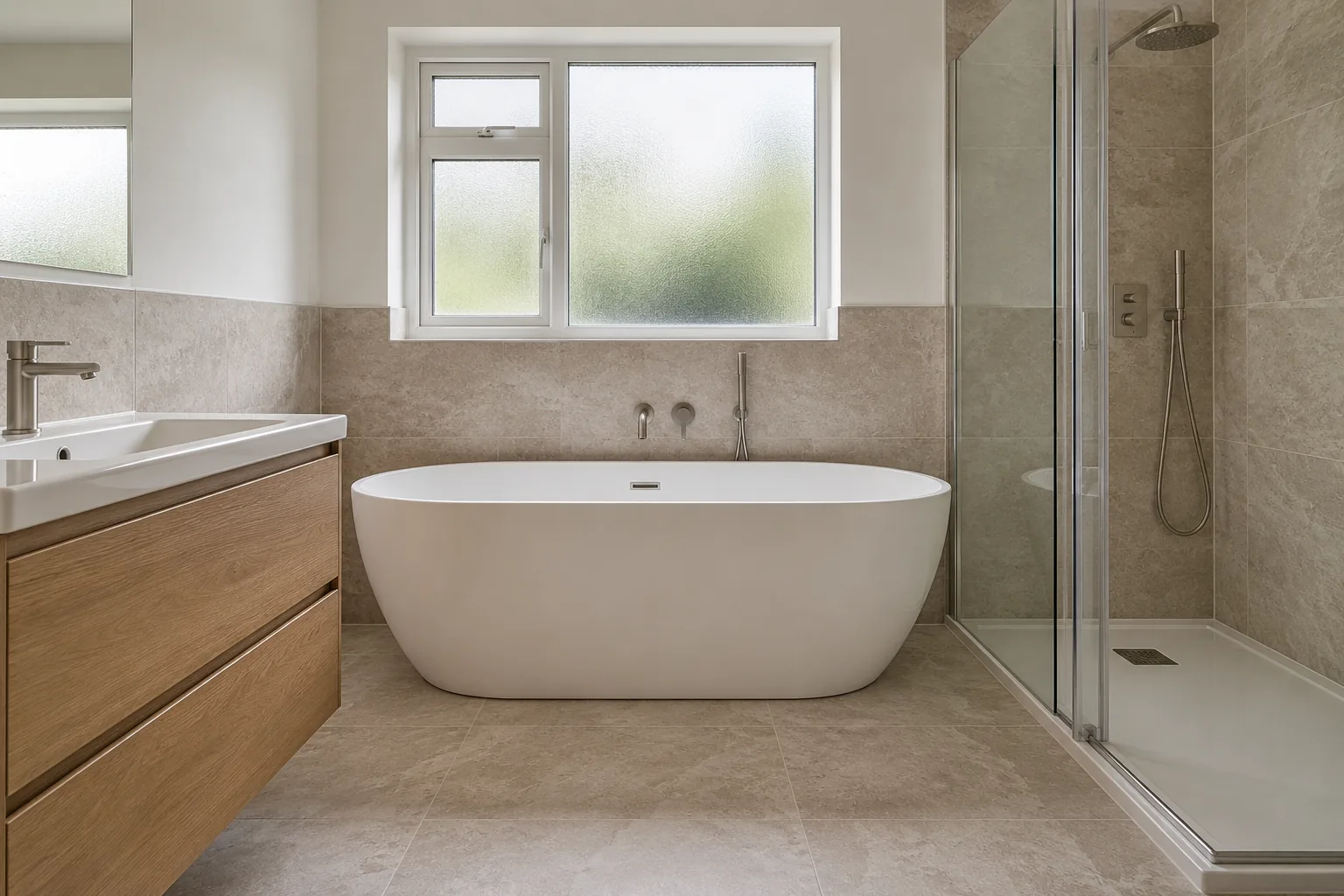 Illustrative freestanding white bath with a separate glass shower enclosure