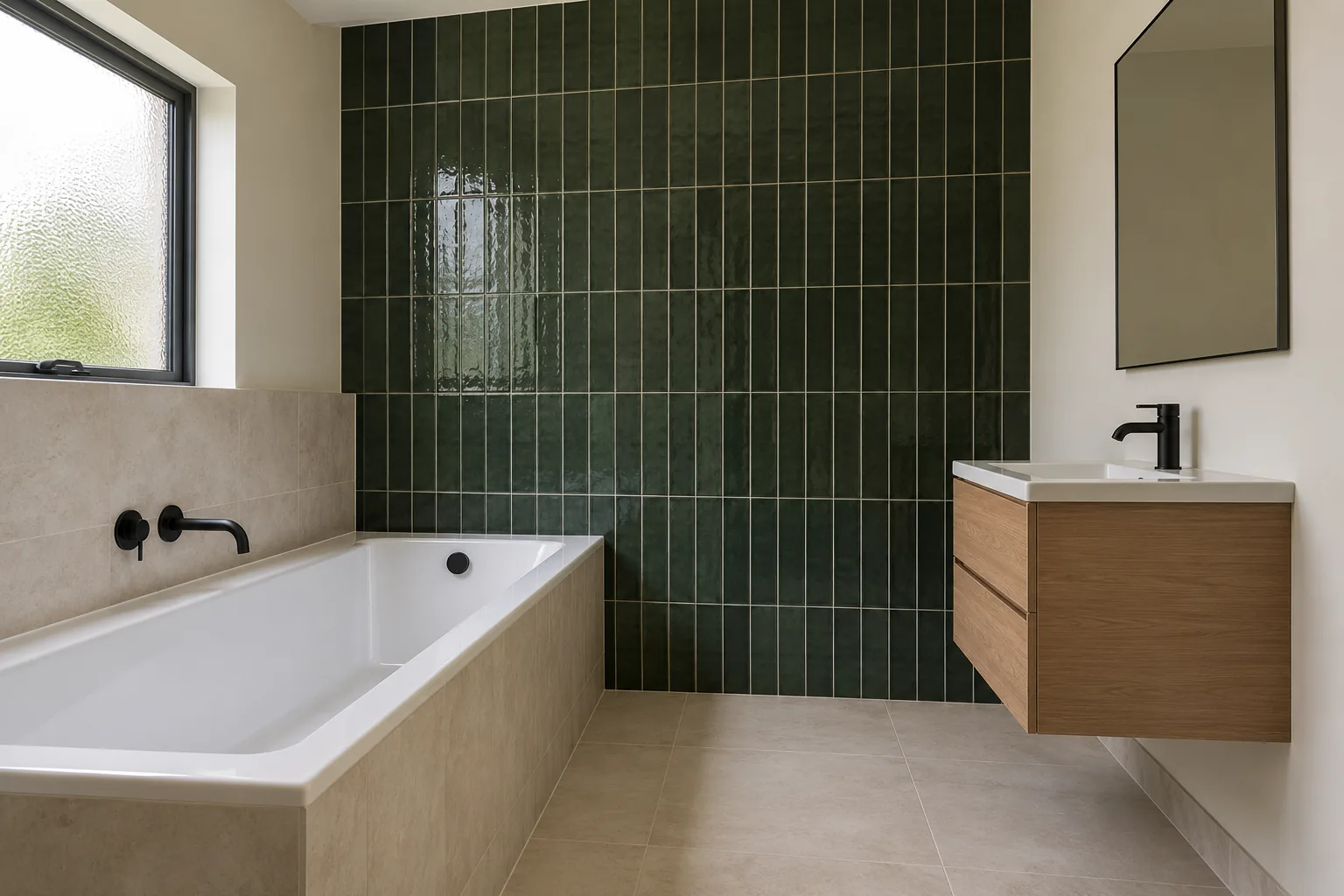 Illustrative green-tiled bathroom with a white bath, oak vanity and matt-black taps
