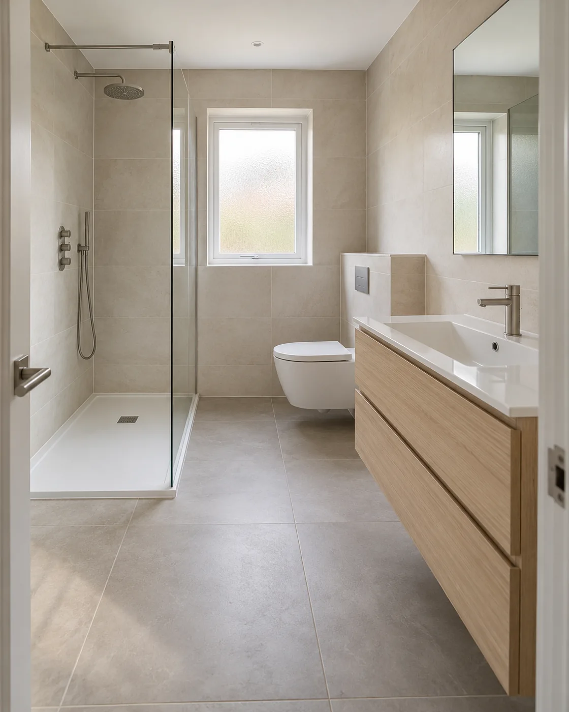 Illustrative modern bathroom with a frameless walk-in shower, wall-hung oak vanity and large porcelain tiles